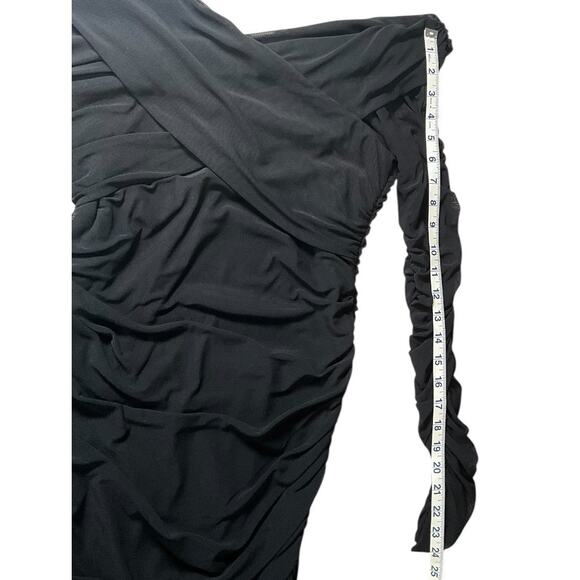 Stella Luce Bodycon Black Ruched Off the Shoulder Mini Dress Sheer Sleeves Large - Picture 8 of 11